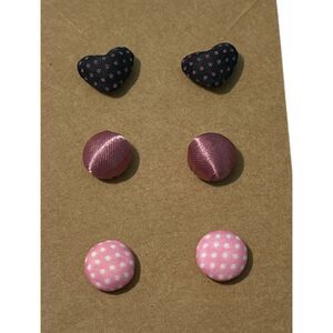 Stud Button Earrings Set Fabric Polka Dot Hearts‎ Round Pink Black White